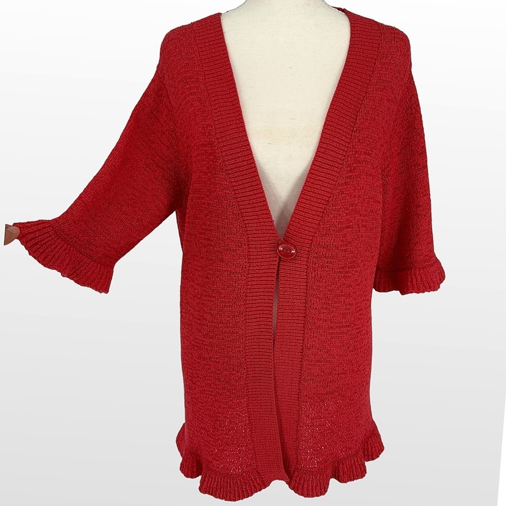 Sarah Spencer Cardigan 1X Red Cotton‎ Blend Ruffle Hem Cottagecore Prairie Layer